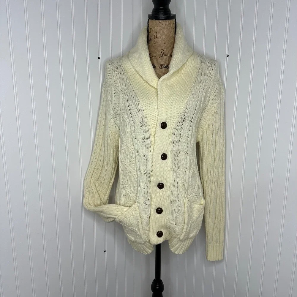 Vintage Unicorn Cable Knit Cardigan Sweater Cream Shawl Collar Fisherman Sz M